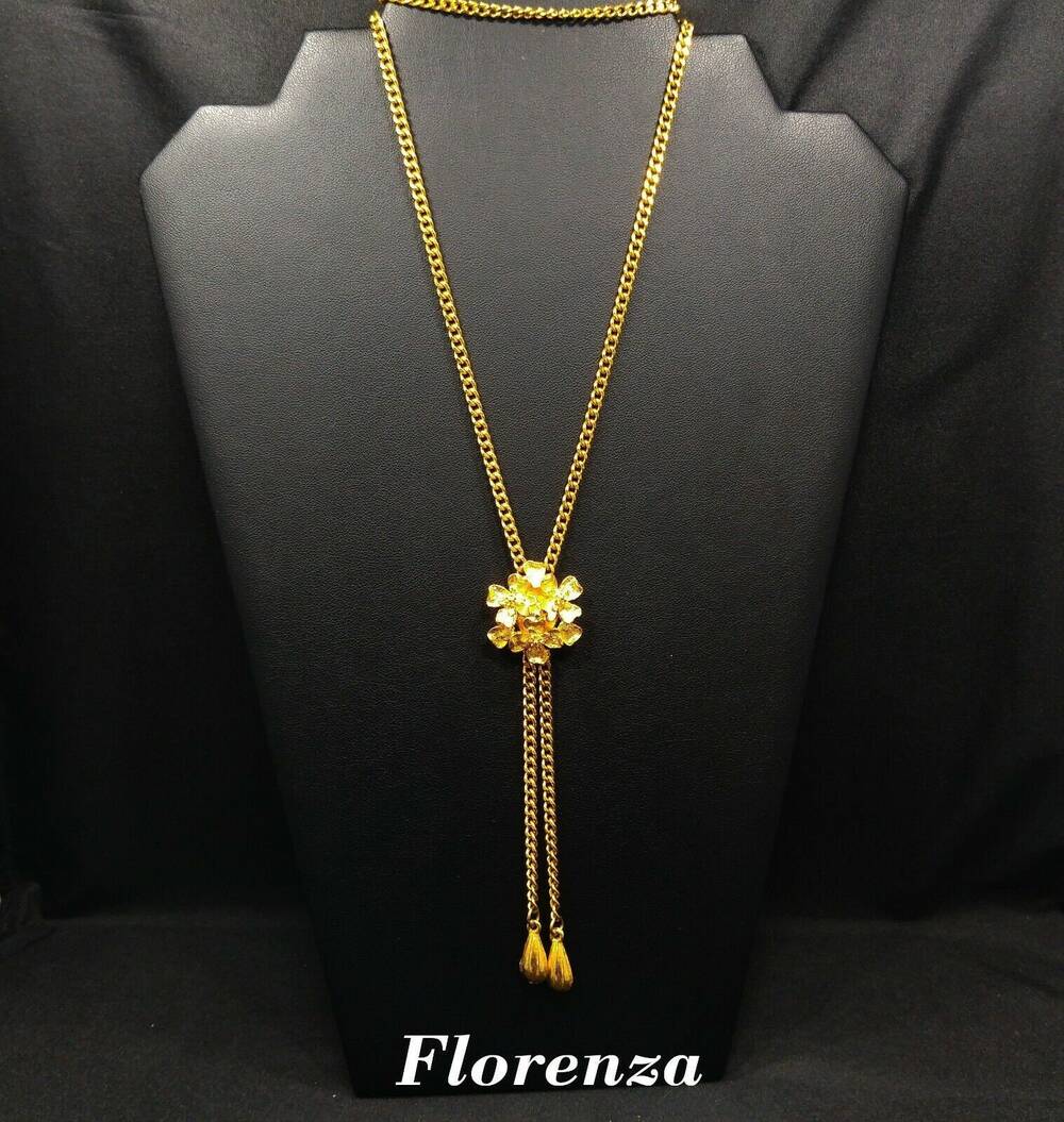 Vintage Florenza Lariat Floral Pendant, Gold Plated, Adjustable, 1960s Vintage